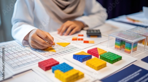 Detailed shot of student hands working on geometric shapes with worksheets and fraction manipulatives arranged blurred in the background.