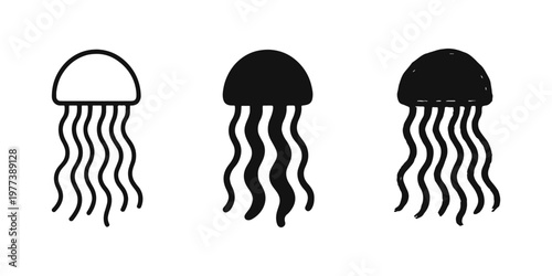 Jellyfish Icons Set in Outline, Solid, and Hand-Drawn Styles for Aquatic and Marine Life Illustrations
