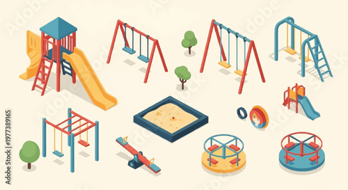 Collection of isometric playground equipment, including swings, slides, and a sandbox.