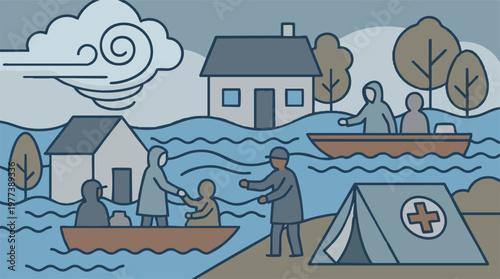 Flood disaster scene with people being rescued, submerged homes, and relief tent