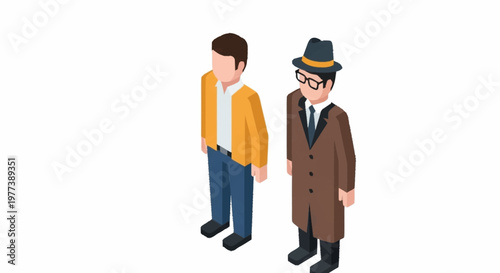 Two men standing side by side, one in casual wear and the other in a trench coat and fedora hat, depicted in isometric style.