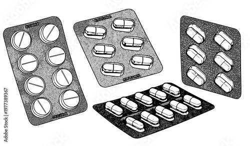 A vector graphic illustration of various pill blister packs in different designs
