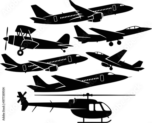Aircraft silhouettes set with airplanes and helicopter.