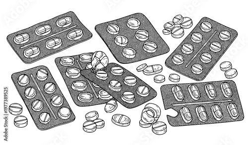 A black and white illustration of pills and blister packs scattered on a surface