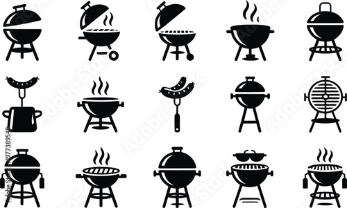 Black and white icons of various barbecue grills and smokers