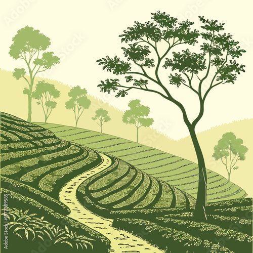 A serene landscape depicts terraced fields winding around rolling hills with lush trees forming a peaceful idyllic scene high quality professional detailed