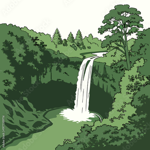 A stylized illustration depicts a cascading waterfall flowing into a pool surrounded by lush green forest vegetation and trees high quality professional