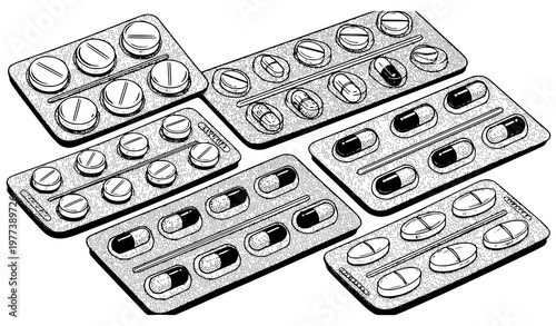 A black and white illustration of various pill blister packs