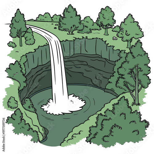 A vibrant colorful illustration depicts a cascading waterfall flowing into a subterranean pool within a rocky green landscape high quality professional detailed