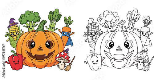 Cute Halloween Pumpkin and Vegetable Characters Coloring Page and Illustration for Kids