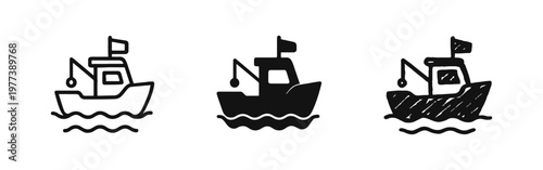 Fishing Boat Icons Collection in Outline, Solid, and Hand-Drawn Styles for Nautical and Maritime Designs