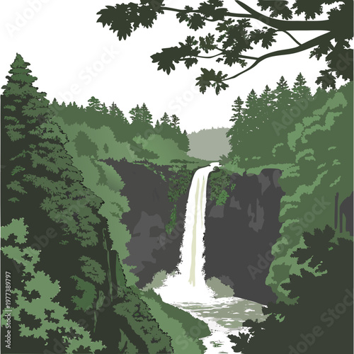 A vibrant stylized illustration depicts a powerful waterfall cascading down a rocky gorge surrounded by lush evergreen forest vegetation high quality professional