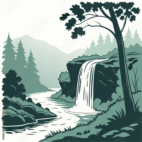 A stylized vintage inspired illustration depicts a cascading waterfall flowing into a serene river within a lush mountainous landscape high quality professional