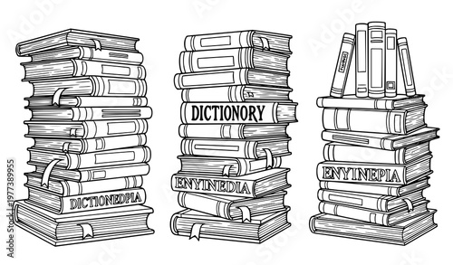 A vector graphic illustration of three stacks of books with dictionary and encyclopedia titles