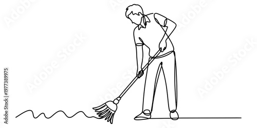 Continuous line drawing of a man diligently sweeping the floor with a long handled house broom Vector, illustration