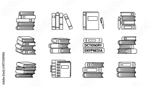 A collection of black and white line art illustrations of books and dictionaries