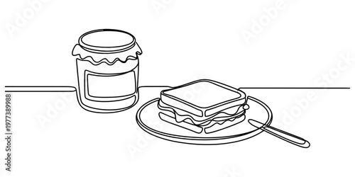 A simple continuous line drawing of a delicious peanut butter and jelly sandwich on a small plate Vector, illustration