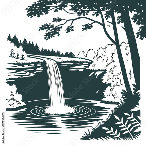 A striking black and white illustration depicts a serene waterfall cascading into a calm pool surrounded by lush forest vegetation high quality