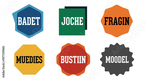 Geometric shapes with bold white lettering, featuring varied outlines and vibrant color palettes including deep blue, forest green, bright orange, mustard yellow, fiery red, and