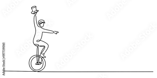 A continuous line drawing of a person riding a unicycle while holding a hat in the air gracefully Vector, illustration