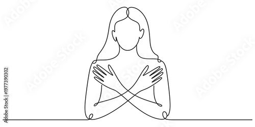 Minimalist continuous single line drawing of a woman with her arms crossed over her own chest Vector, illustration
