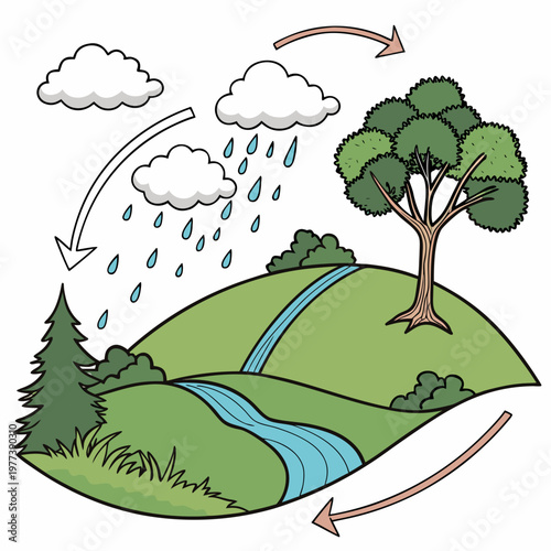 This illustration depicts the water cycle with rain falling from clouds flowing into rivers and evaporating back into the atmosphere high quality