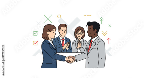 Diverse professionals in crisp business attire engage in a handshake, signifying partnership, agreement, and successful collaboration, with colleagues observing approvingly amidst