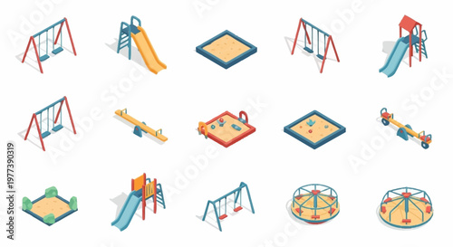 Collection of isometric playground equipment and elements for children's recreation.