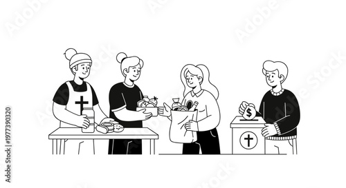 Volunteers distribute food donations and collect monetary contributions for charitable causes, showcasing community support and generosity with clean, scalable vector elements and
