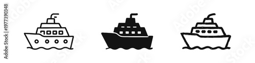 Cruise Ship Icons Set in Outline, Solid, and Hand-Drawn Styles for Luxury Travel and Vacation Concepts