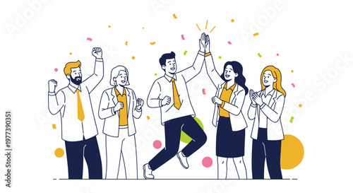 Diverse team members celebrate success with high fives and confetti, showcasing a positive and collaborative work environment with clean lines and a cheerful yellow, navy, and