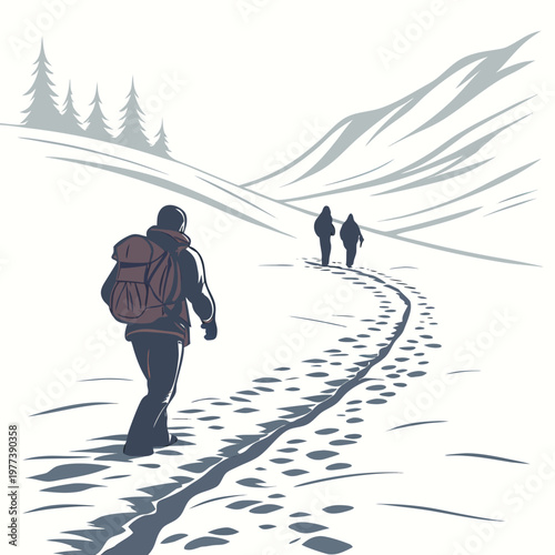 A stylized illustration depicts two hikers walking along a snowy path through a mountainous landscape viewed from behind high quality professional detailed