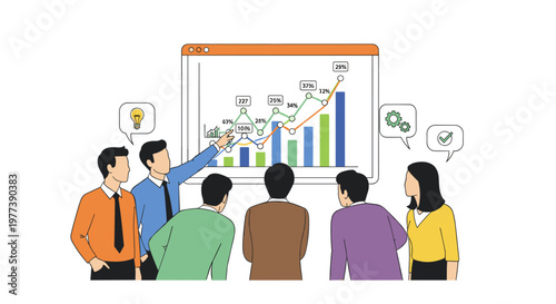 Diverse group of professionals attentively observing a dynamic bar and line chart presentation displaying growth percentages and numerical data on a digital screen with thought