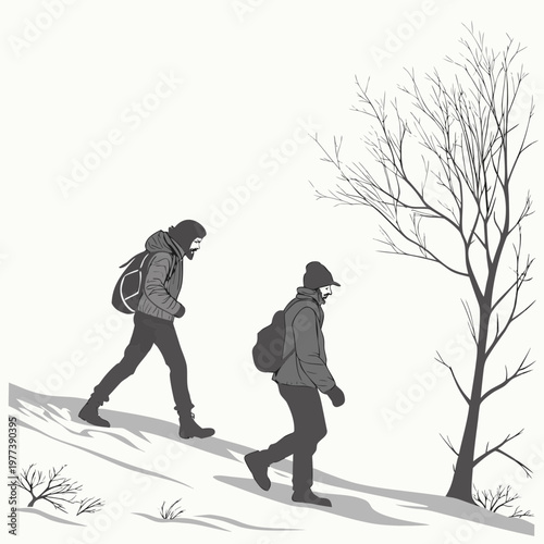 Two figures are walking along a snowy hillside both wearing backpacks and warm clothing in a minimalist illustration high quality professional detailed