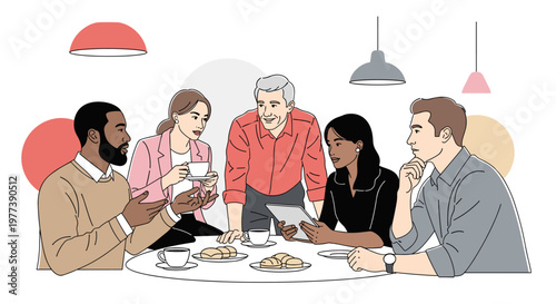 Diverse group of professionals gathered around a table, engaged in discussion, sharing ideas, and enjoying coffee and pastries, depicted with clean lines, a warm color palette,
