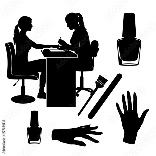 A vector graphic illustration of a nail technician and client in a salon with nail polish and tools