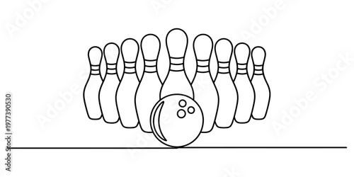 A simple black and white line drawing of a bowling ball placed in front of a set of ten pins. Vector, illustration