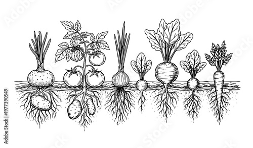A detailed illustration of various vegetables growing underground with roots and leaves
