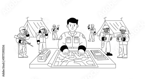 Military personnel collaborate around a large map table, planning operations within tents, showcasing teamwork, strategy, and communication with radios and documents for strategic