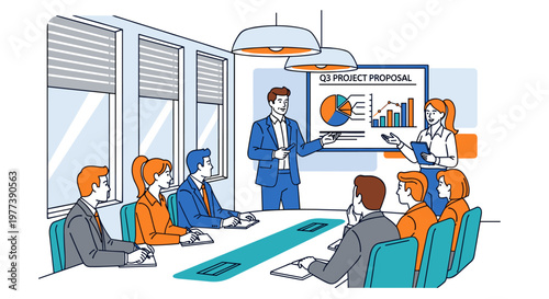 Business professionals gathered around a conference table, attentively listening to a presenter detailing q3 project proposal charts and graphs displayed on a large screen, with