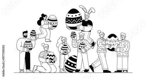 Diverse group of people joyfully holding decorative easter eggs, celebrating springtime festivities with clean line art and modern minimalist design elements, showcasing a festive