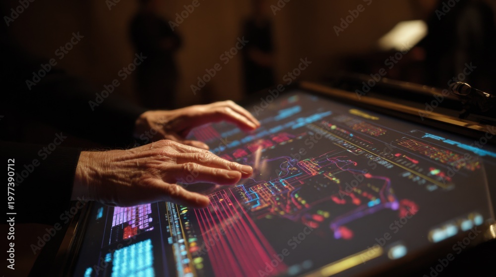 Fototapeta premium Close medium shot of hands composing music on a touchscreen interface with chord progression software instructors attentive posture seen faintly behind.