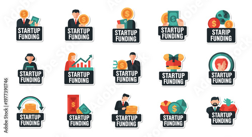 Diverse set of flat design vector icons representing startup funding concepts, featuring people, money, coins, charts, and growth symbols in a clean, scalable eps format with a