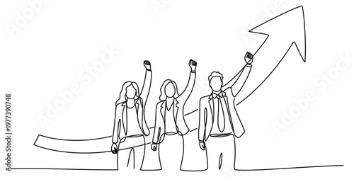 A continuous line drawing of a diverse business team celebrating success with a rising growth arrow Vector, illustration