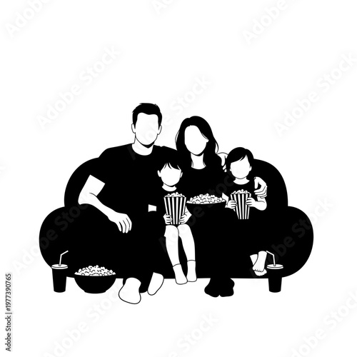 A minimalist vector illustration of a family watching a movie together on a couch