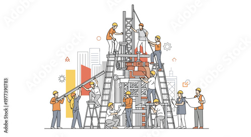 Construction crew collaborating on industrial project, workers with hard hats and safety vests building intricate machinery, blueprints, and scaffolding, using ladders and tools