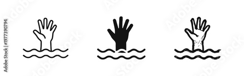 Help and drowning hand icons reaching from water in three distinct design styles