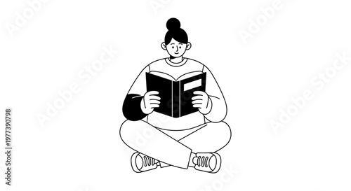 Minimalist black and white vector graphic depicts a person with their hair in a bun, wearing a long-sleeved shirt and pants, sitting cross-legged while engrossed in reading an