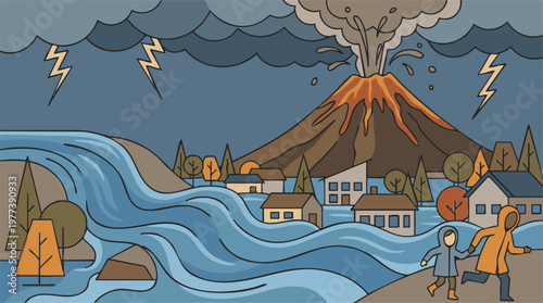 Multiple natural disasters: volcanic eruption, flood, lightning storm, and evacuation