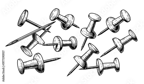 A black and white illustration of push pins on a white background